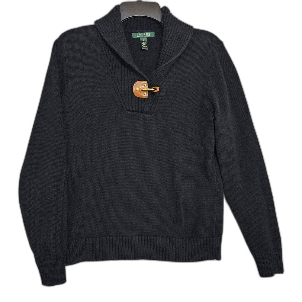Lauren Ralph Lauren Shawl Collar Cotton Sweater Leather Buckle Details Sz L Blk